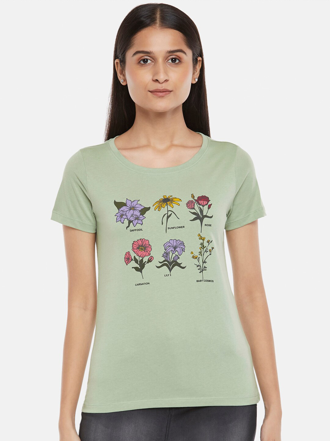 Honey by Pantaloons Women Green & Lavender Printed T-shirt