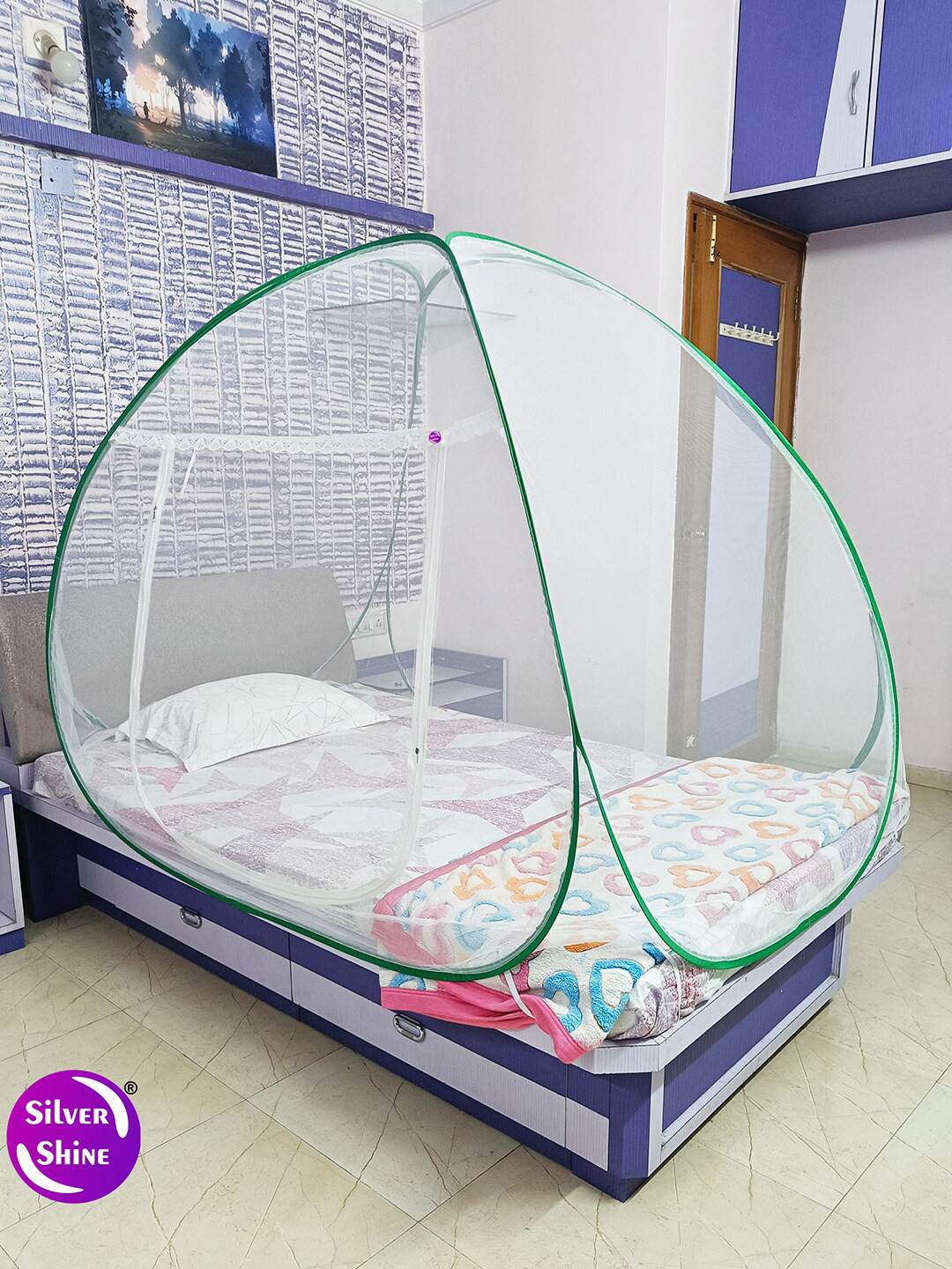 Silver Shine Green & White Solid Single Size Bed Mosquito Net