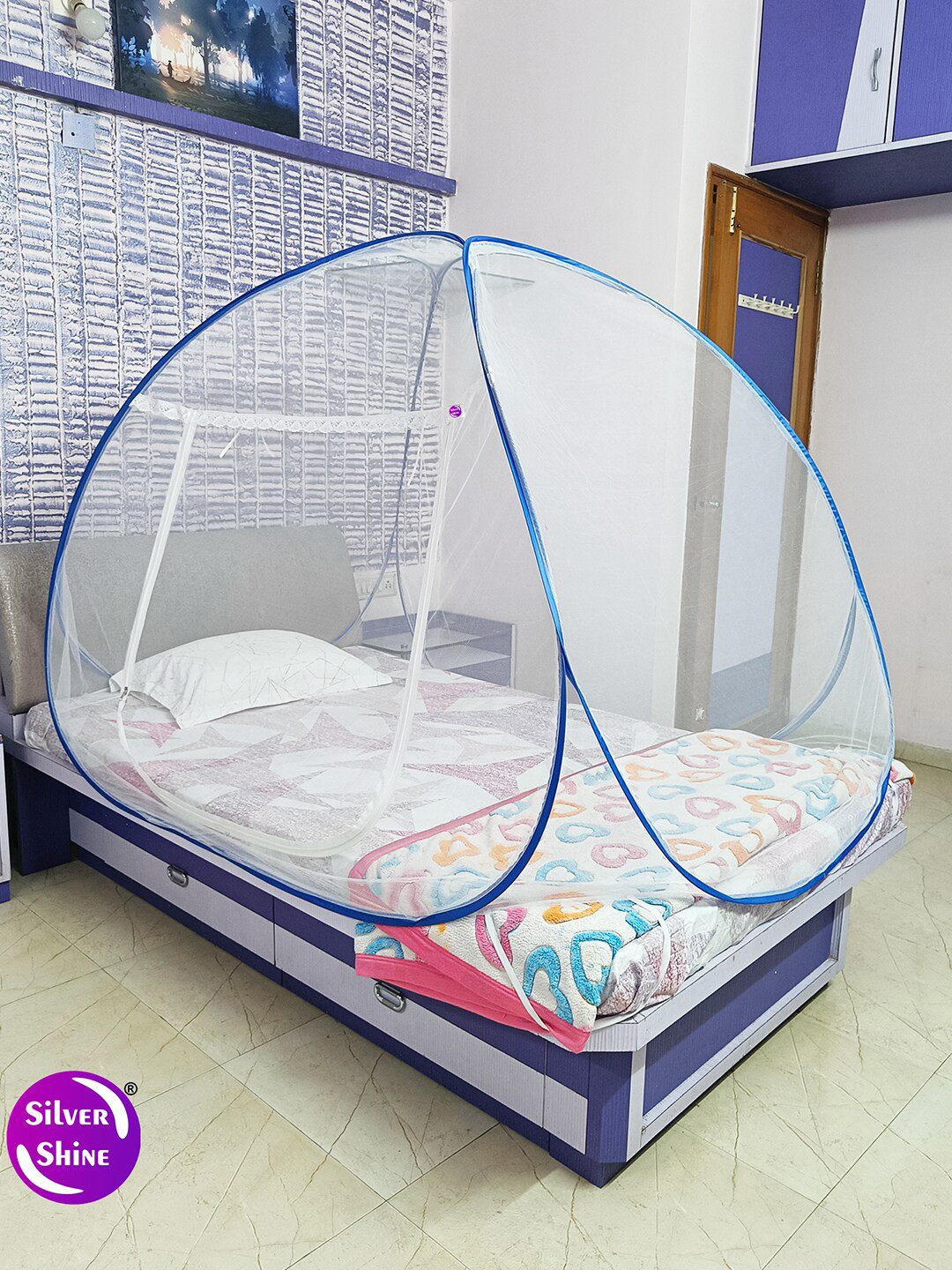 Silver Shine Blue Solid Foldable Mosquito Nets