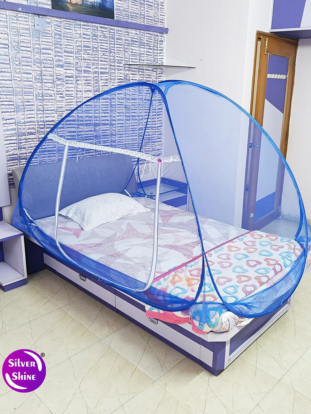 Silver Shine Blue Solid Foldable Mosquito Nets
