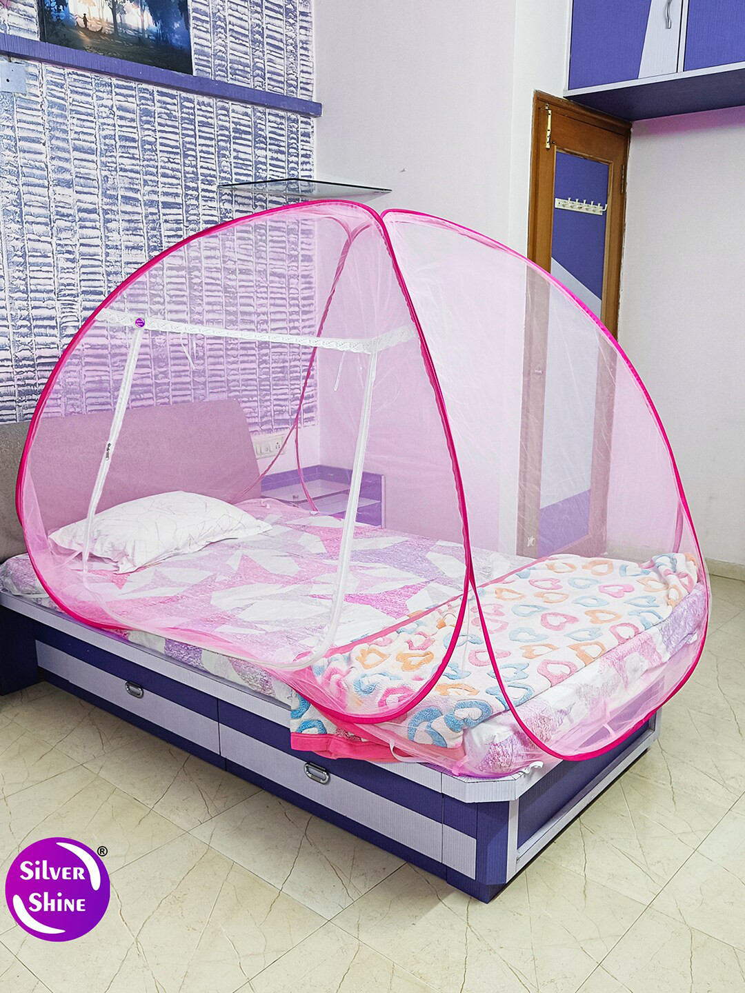 Silver Shine Pink Solid Foldable Mosquito Nets
