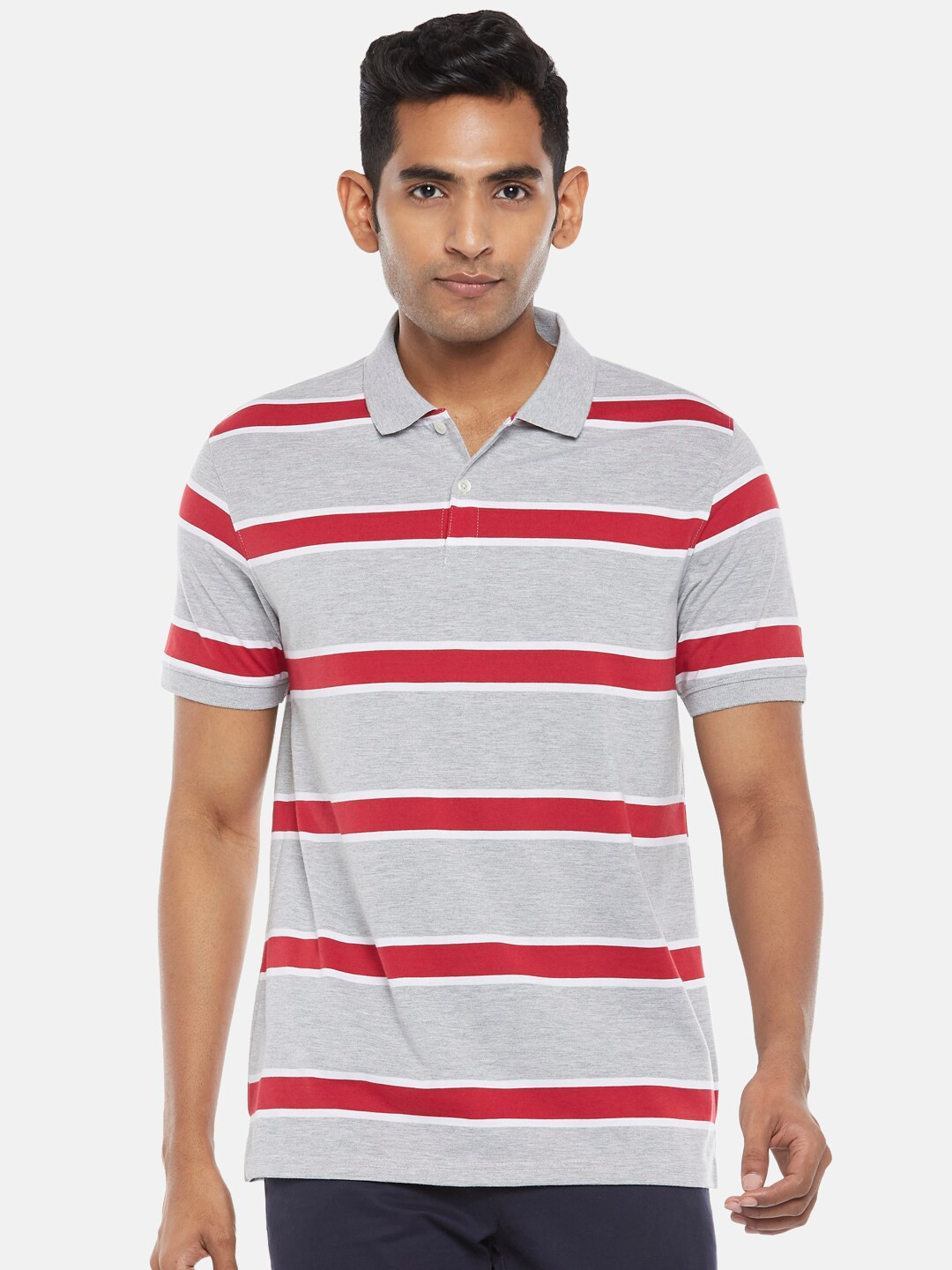 BYFORD by Pantaloons Men Grey & Red Striped Polo Collar Slim Fit T-shirt