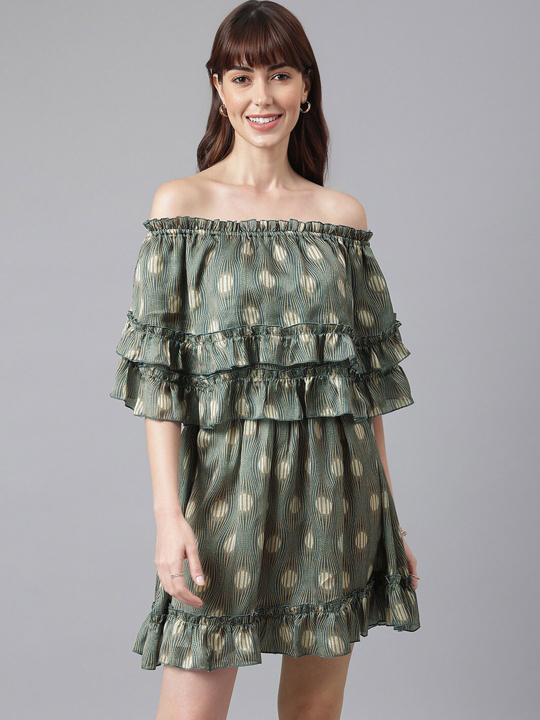 FLAMBOYANT Women Green Off-Shoulder Satin Dress