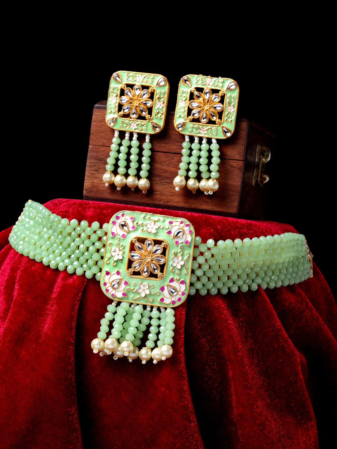 PANASH Gold-Plated Green & White Kundan Studded & Beaded Meenakari Jewellery Set