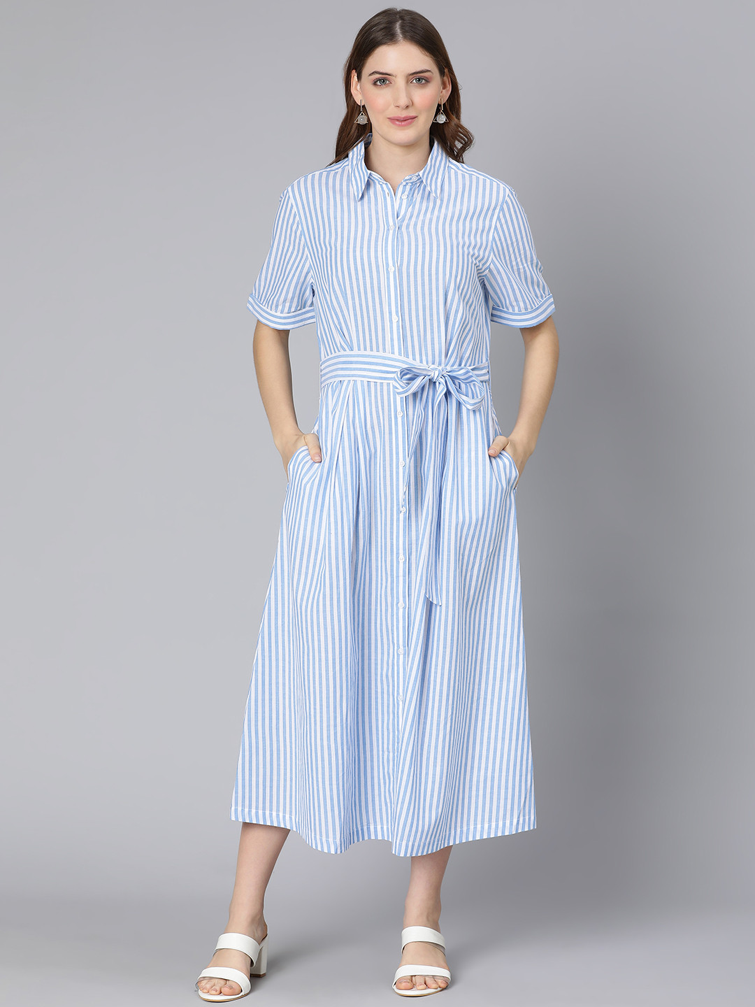 Oxolloxo Women Blue Striped Shirt Cotton Midi Dress
