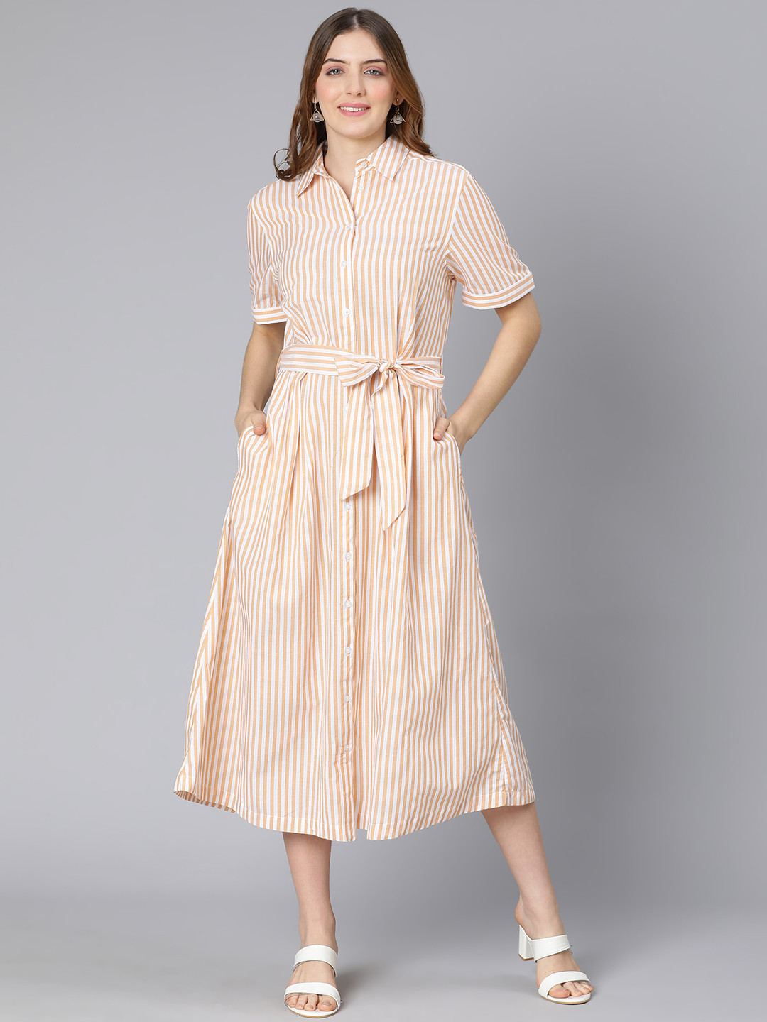Oxolloxo Women Mustard Yellow Striped Shirt Midi Dress