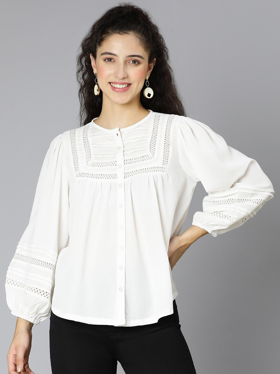 Oxolloxo White Self Designed Embroidered Cuffed Sleeves Blouson Top