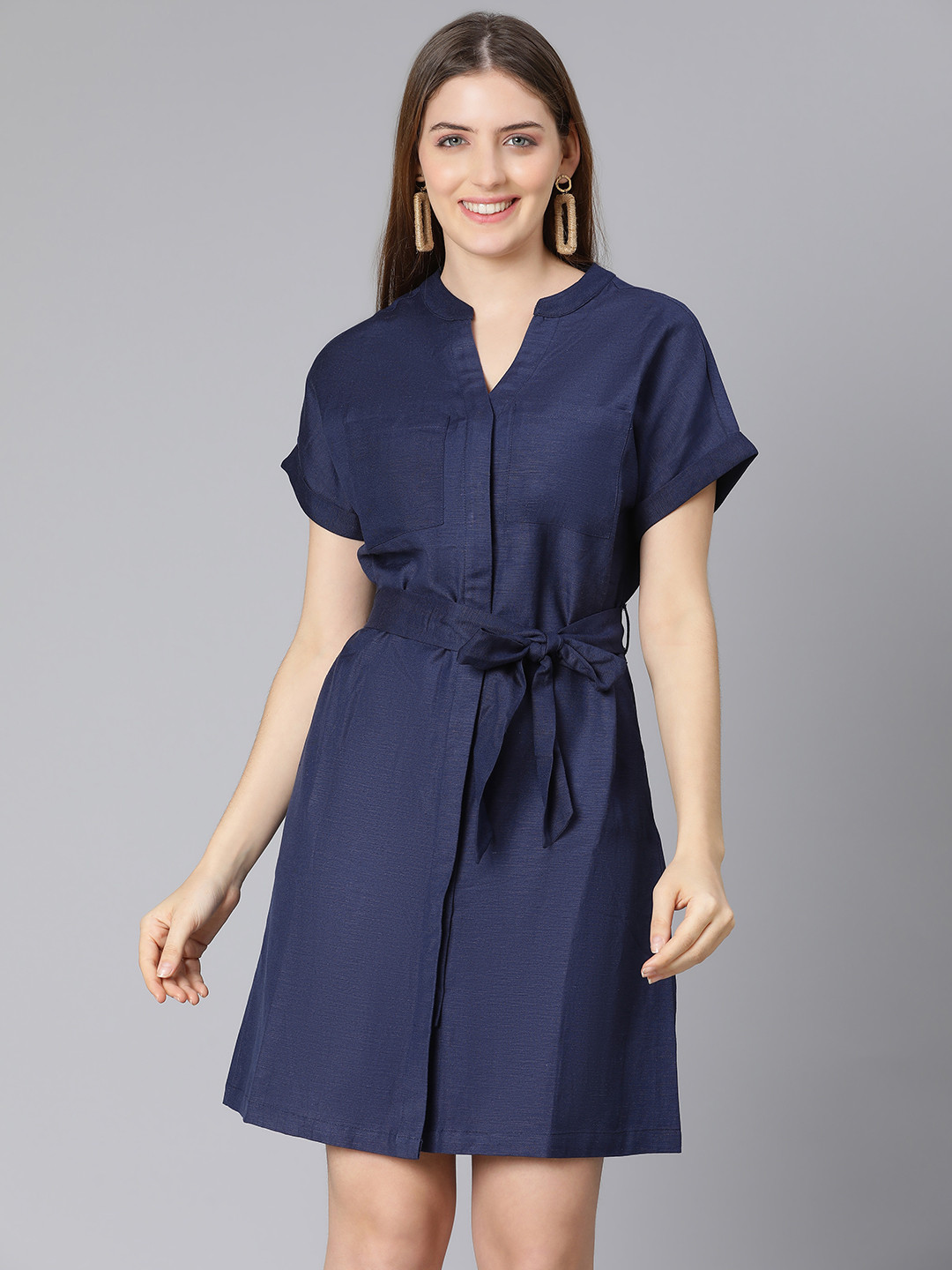 Oxolloxo Blue Solid Casual Shirt Dress
