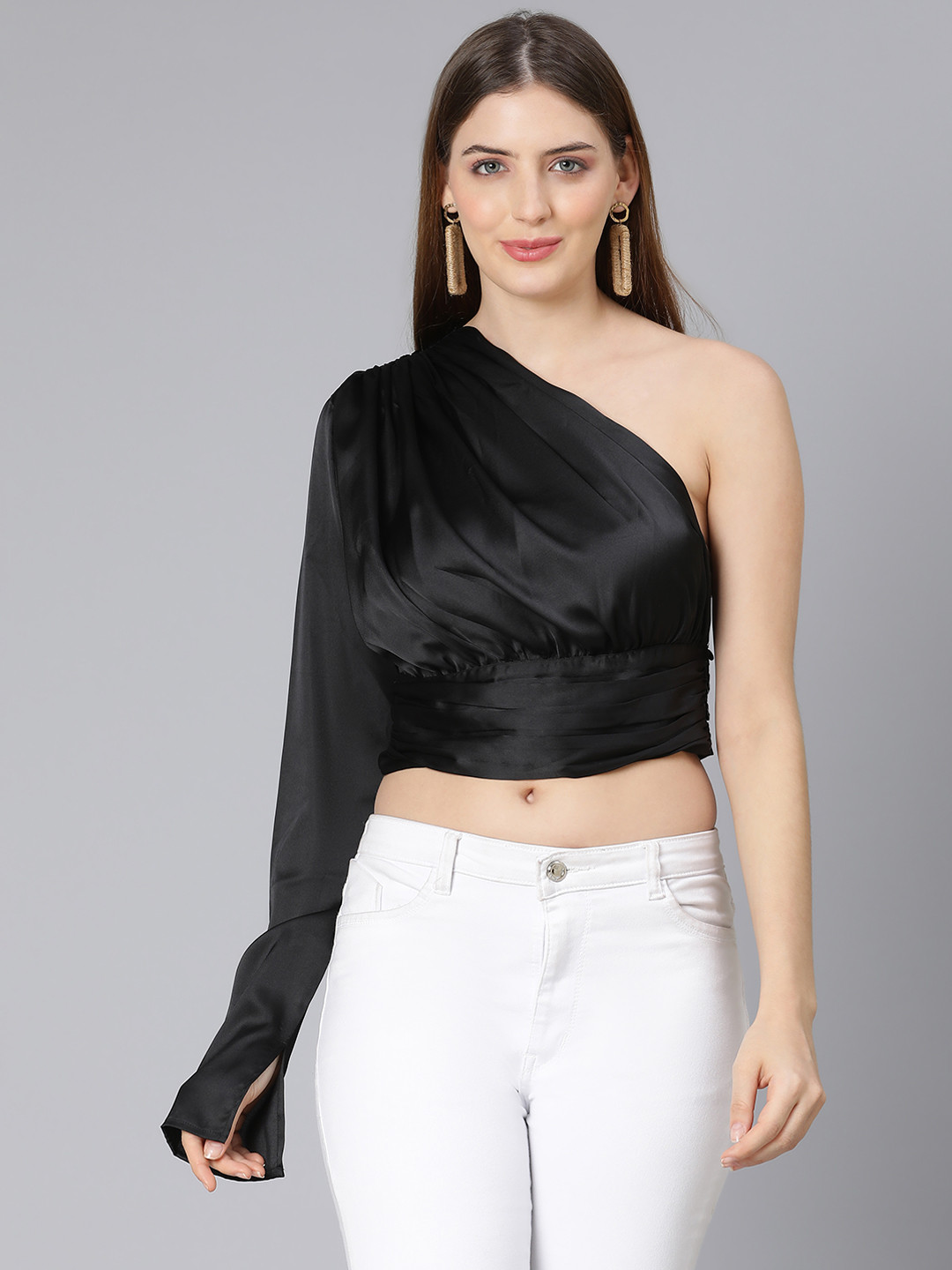 Oxolloxo  Women Black One Shoulder satin Crop Top