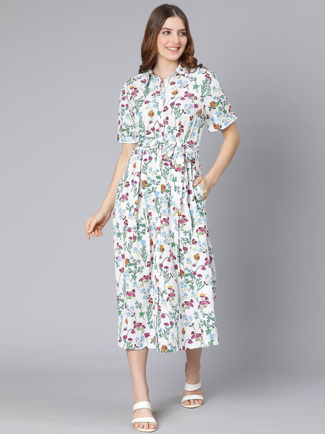 Oxolloxo Off White & Purple Floral Shirt Midi Dress