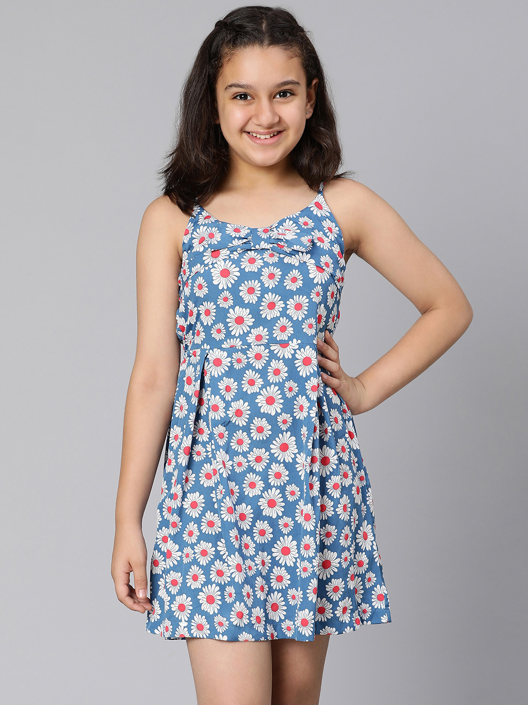 Oxolloxo Blue & White Floral Satin A-Line Dress