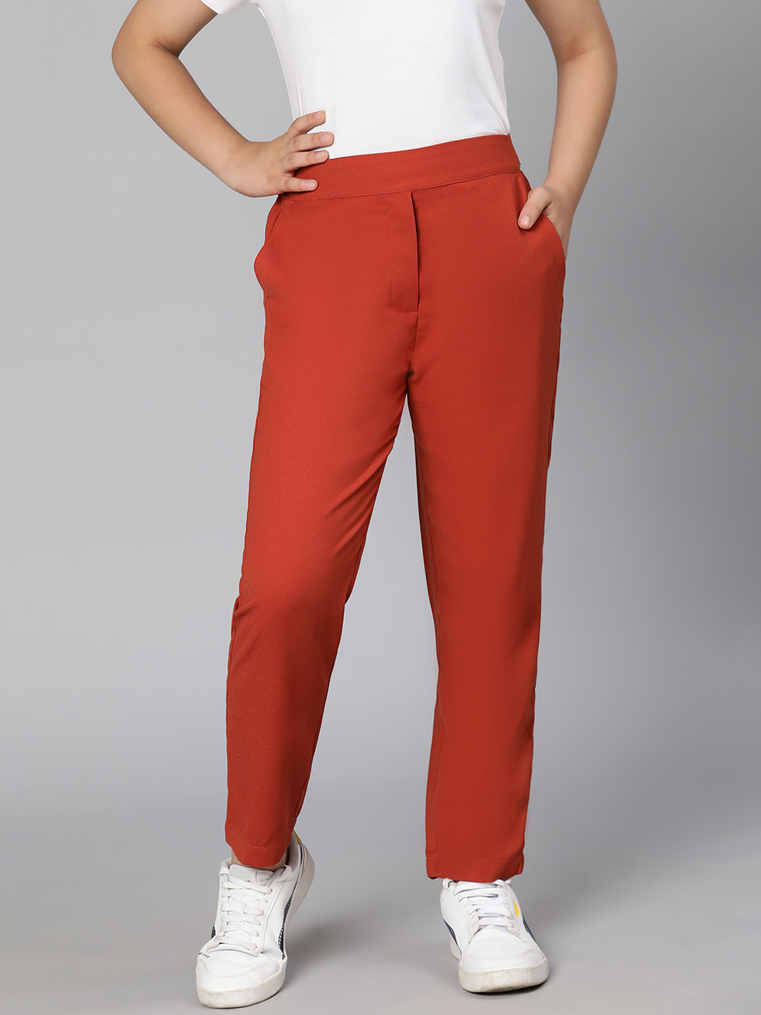 Oxolloxo Girls Red Solid Regular Fit Trouser