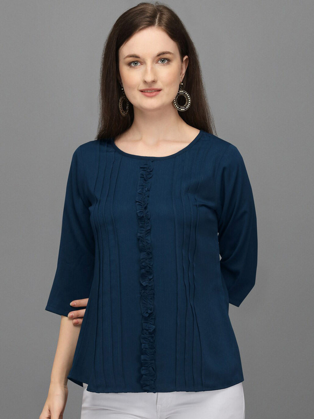 Prettify Women Blue Solid Ruffled Top