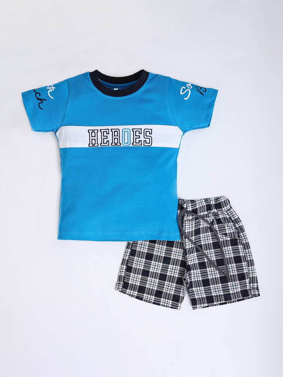 Blushh Berry Boys Blue & White Printed  Pure Cotton T-shirt with Shorts