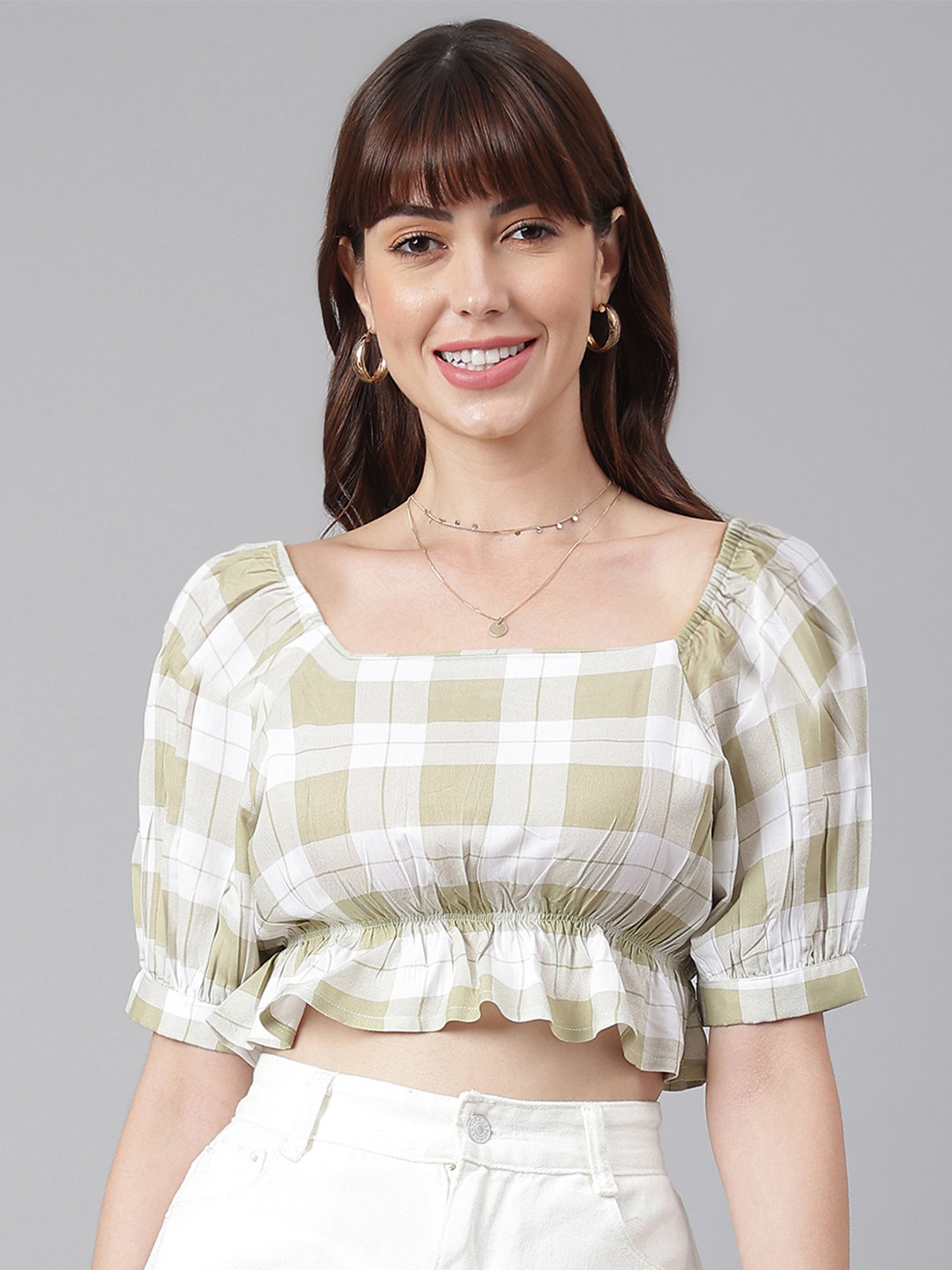 FLAMBOYANT Beige and White Checked Cinched waist Crop Top