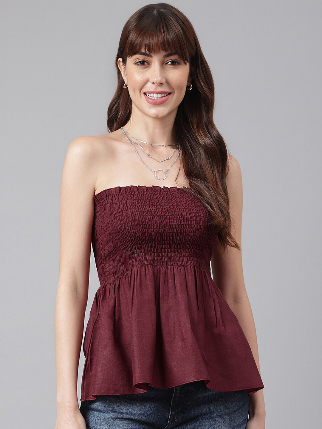 FLAMBOYANT Maroon Tube Smocking Top