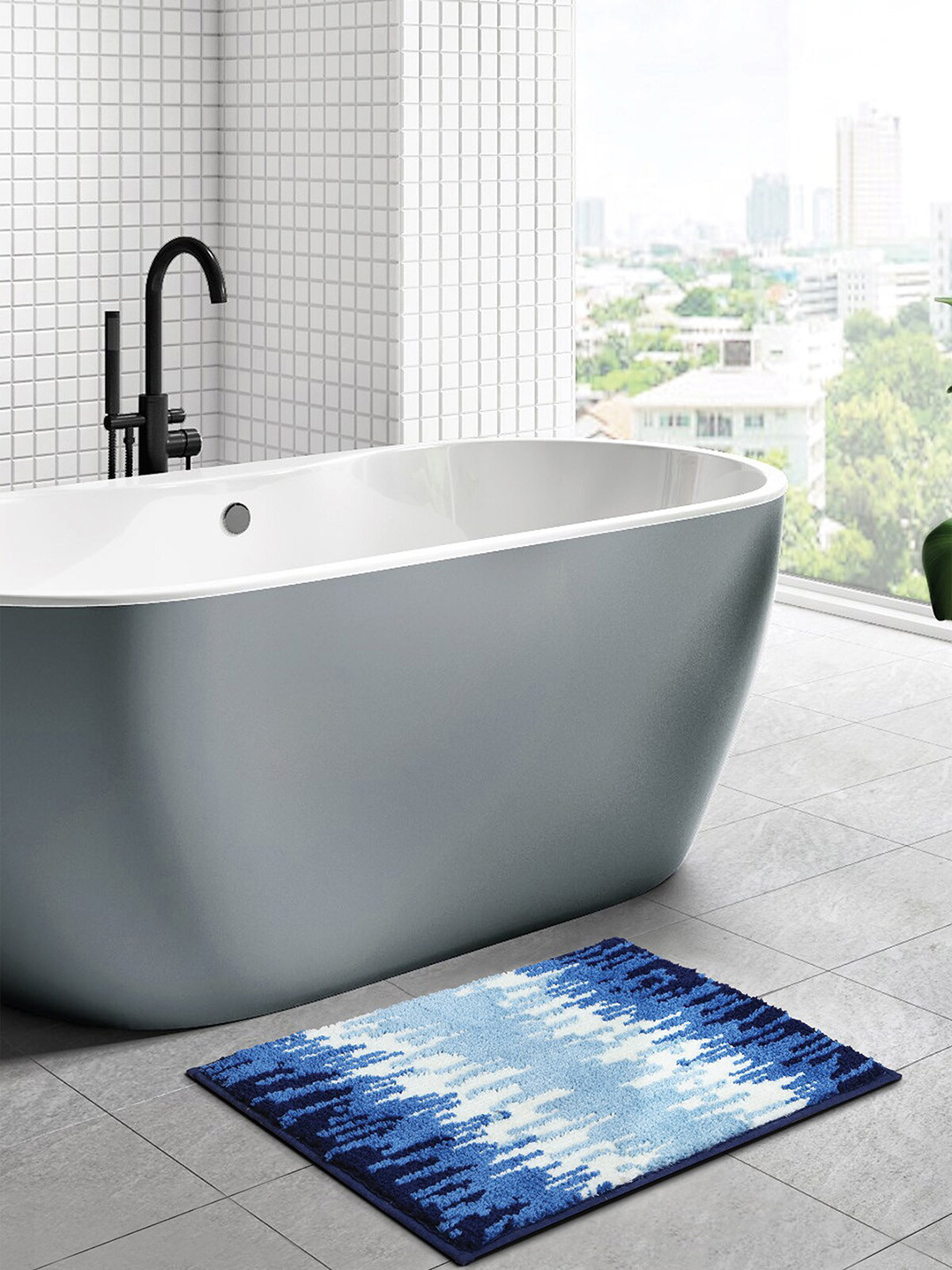 OBSESSIONS Blue & White Anti-Skid Polyester Bath Mat