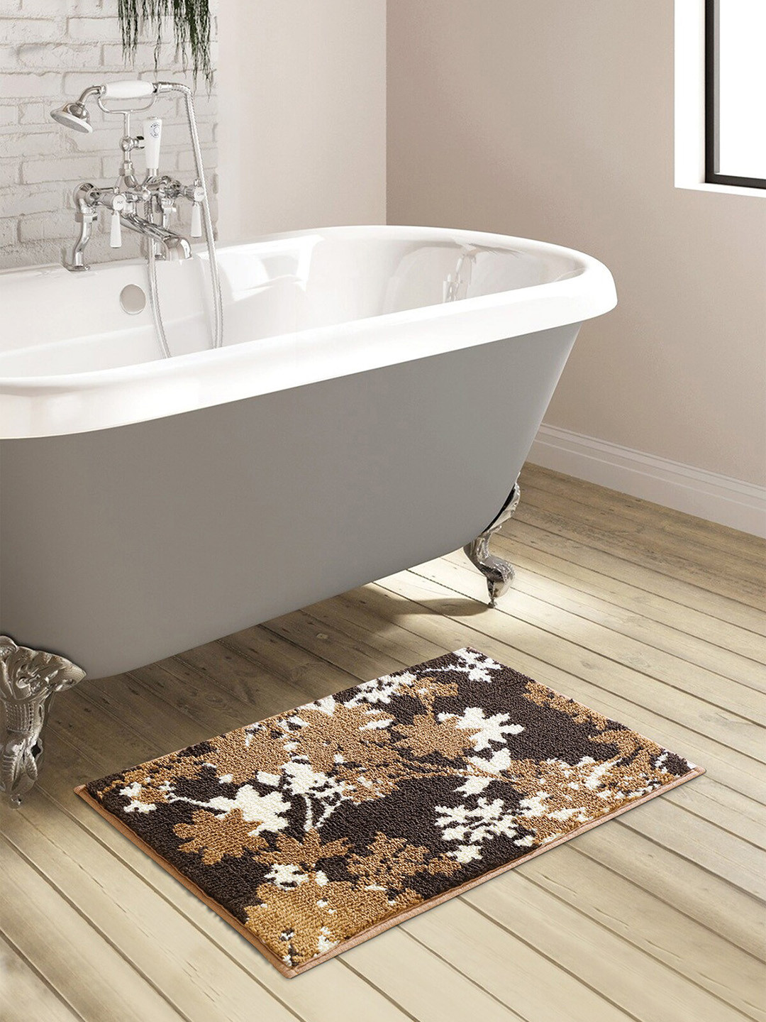 OBSESSIONS Brown Floral Patterned 1800 GSM Anti-Skid Rectangular Bath Rug