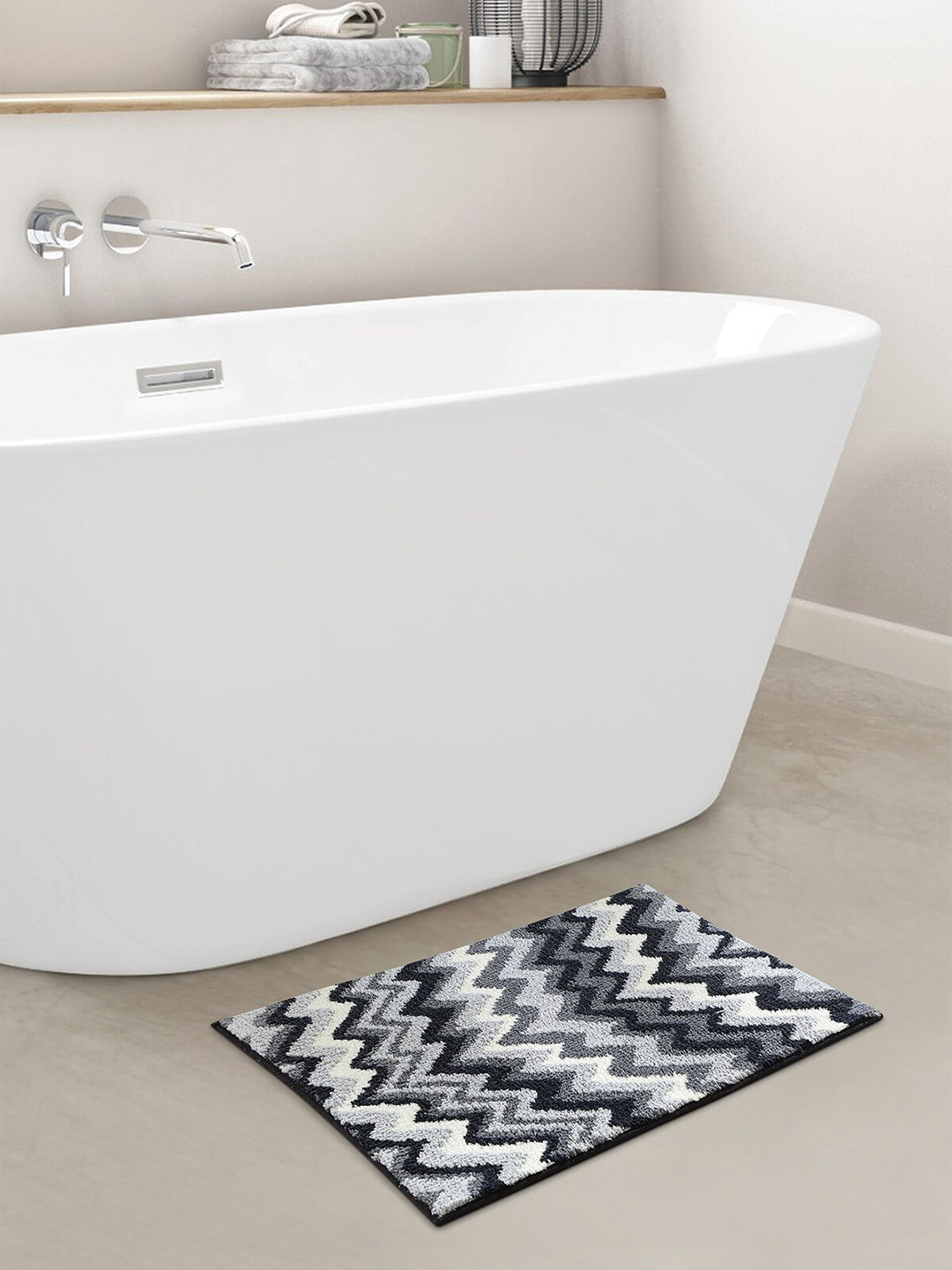 OBSESSIONS Grey 1880 GSM Striped Anti-Skid Bath Rugs