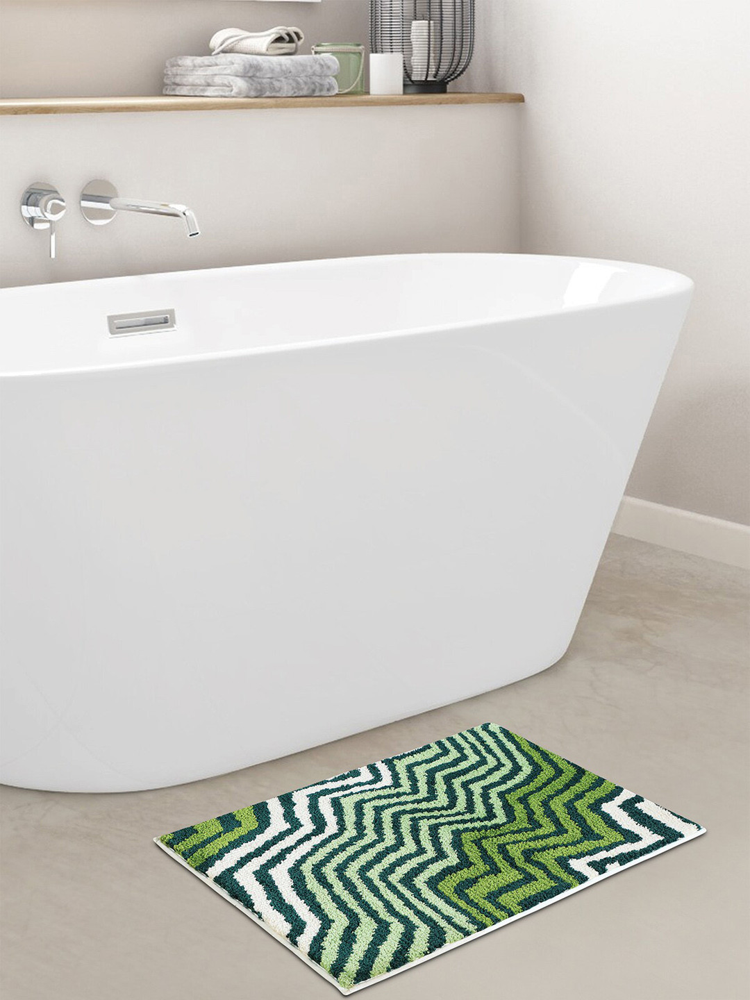 OBSESSIONS Green & White Striped 1800 GSM Anti-Skid Bath Mat
