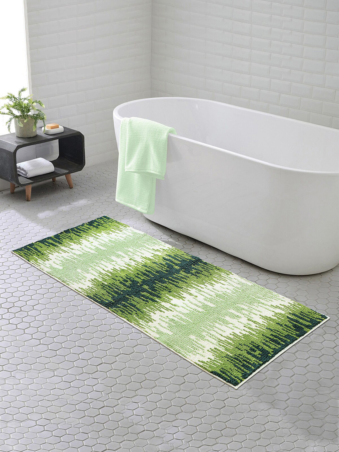 OBSESSIONS Green & White Abstract Anti-Skid 1800GSM Bath Rug