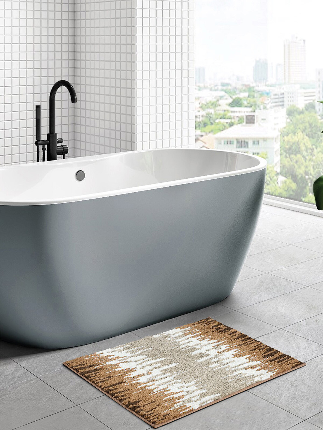 OBSESSIONS Beige & Brown Abstract Anti-Skid 1800GSM Bath Rug