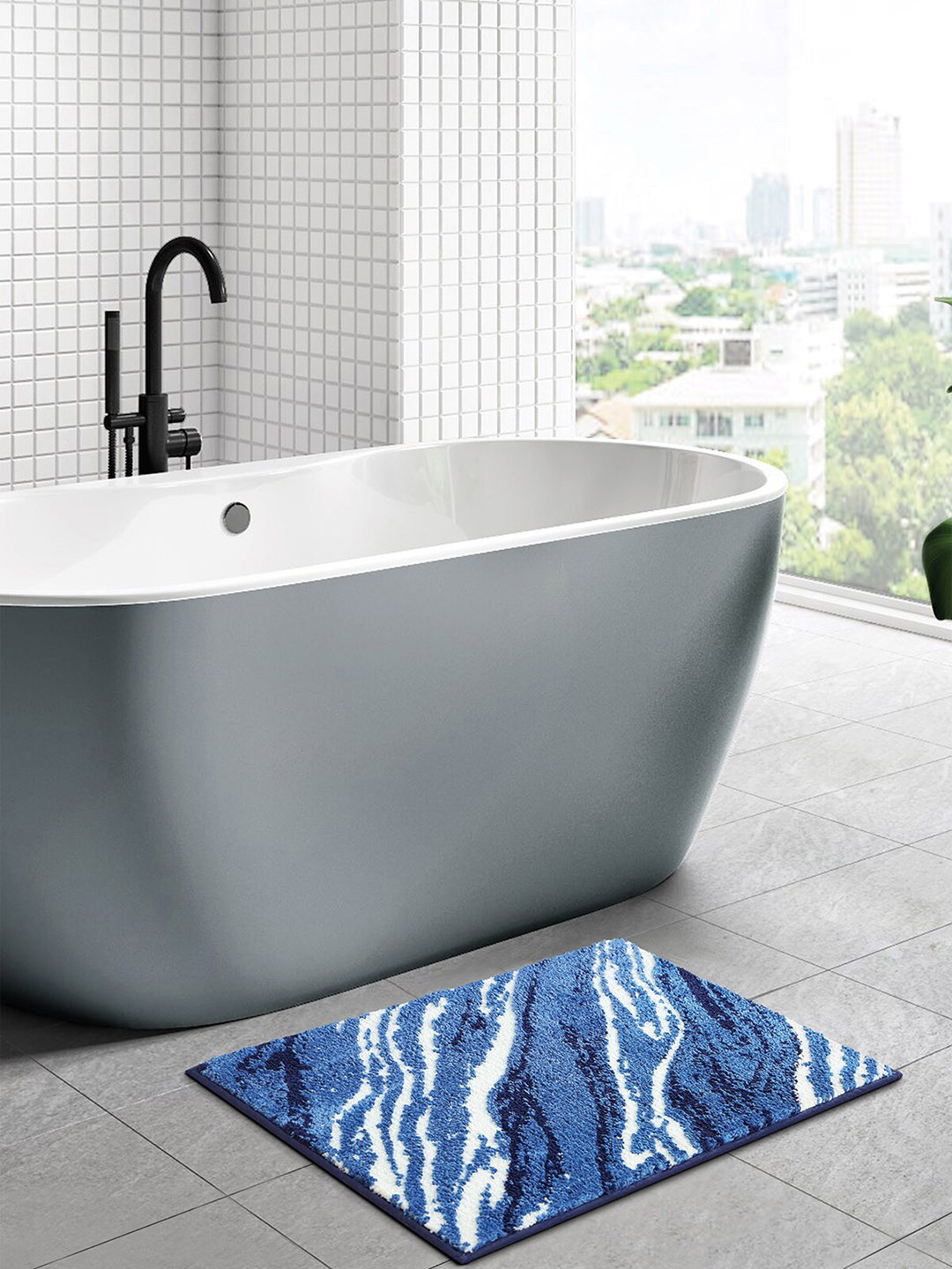 OBSESSIONS Blue Printed 1800 GSM Anti-Skid Bath Rugs