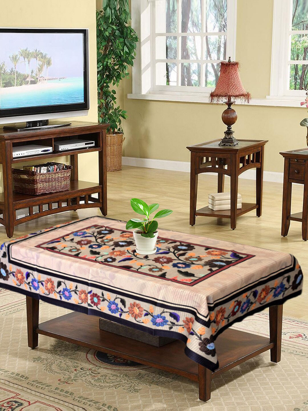 Kuber Industries Sand Brown & Red Floral Printed 4 Seater Cotton Table Covers