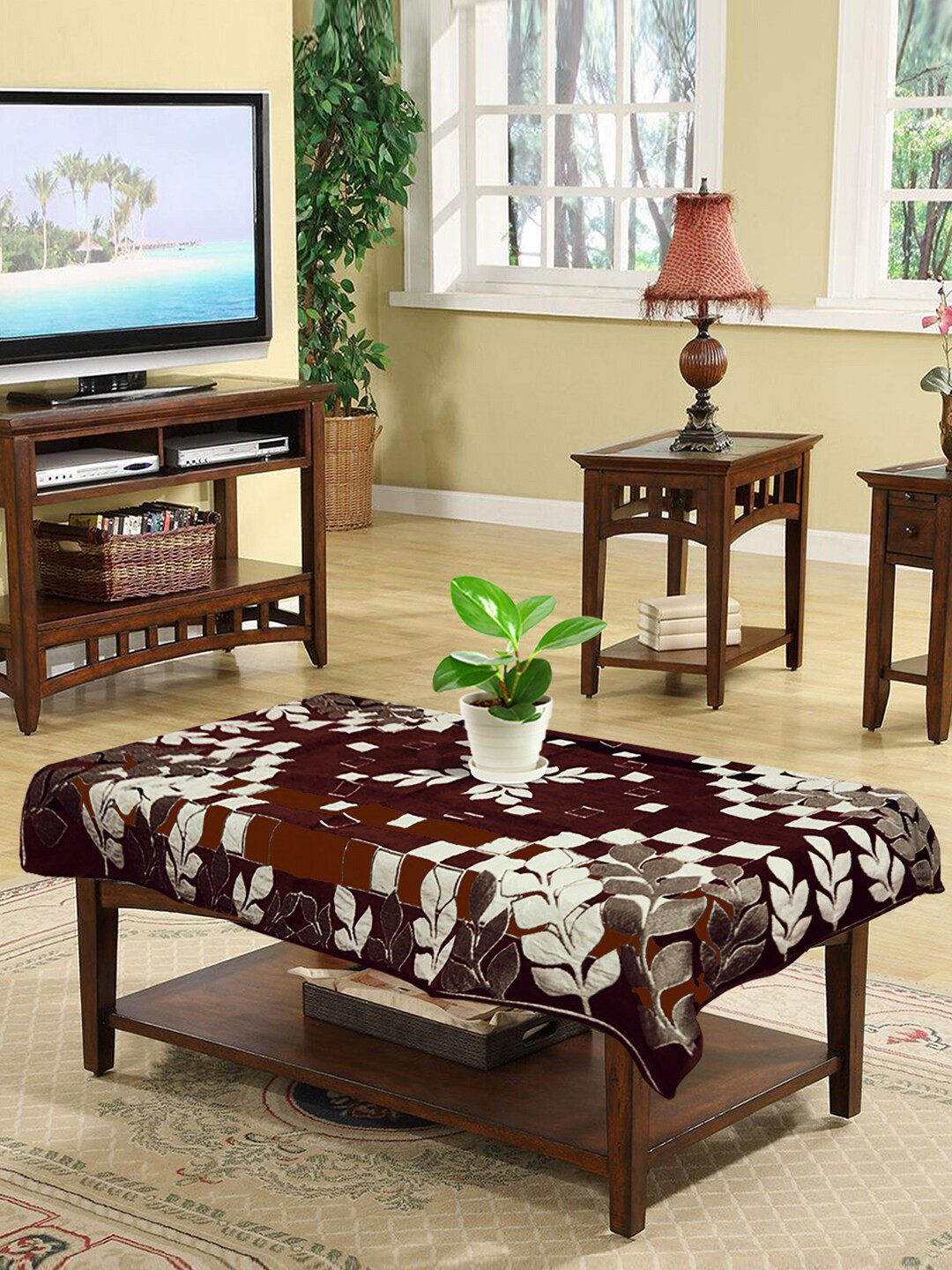 Kuber Industries Brown & White Printed Table Cover
