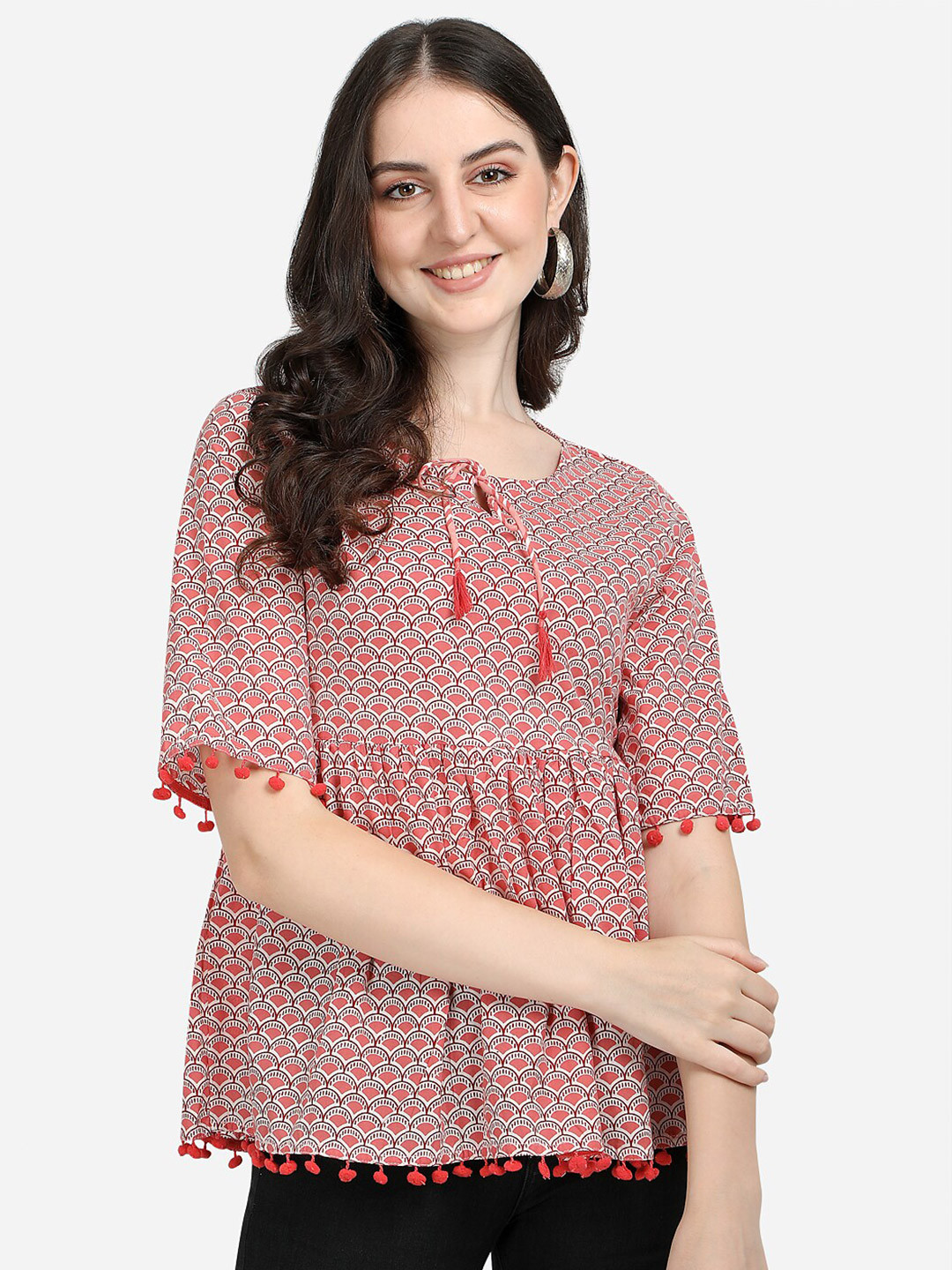 Prettify Women Pure cotton Red Geometric Print Tie-Up Neck Peplum Top