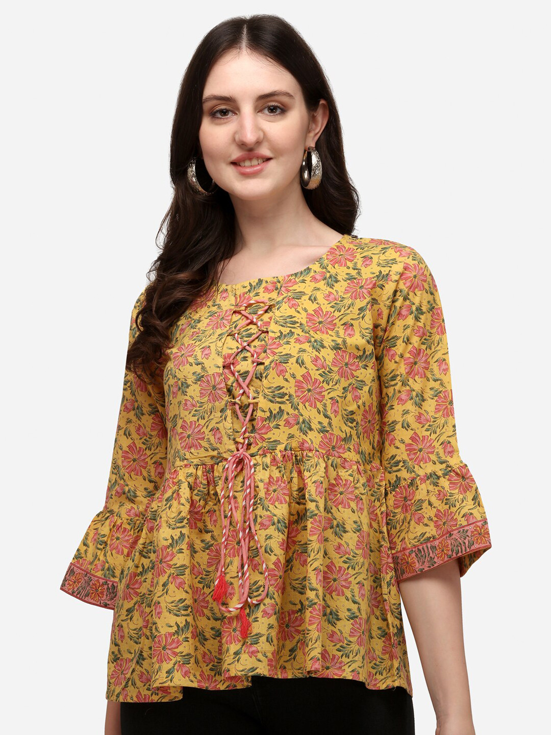 Prettify Yellow & Pink Jaipuri Printed Pure Cotton Empire Top