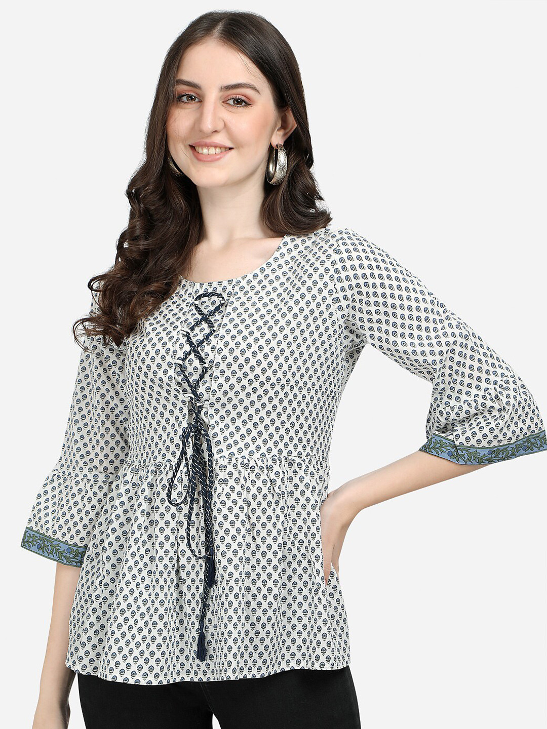 Prettify White Geometric Print Tie-Up Neck Cinched Waist Top