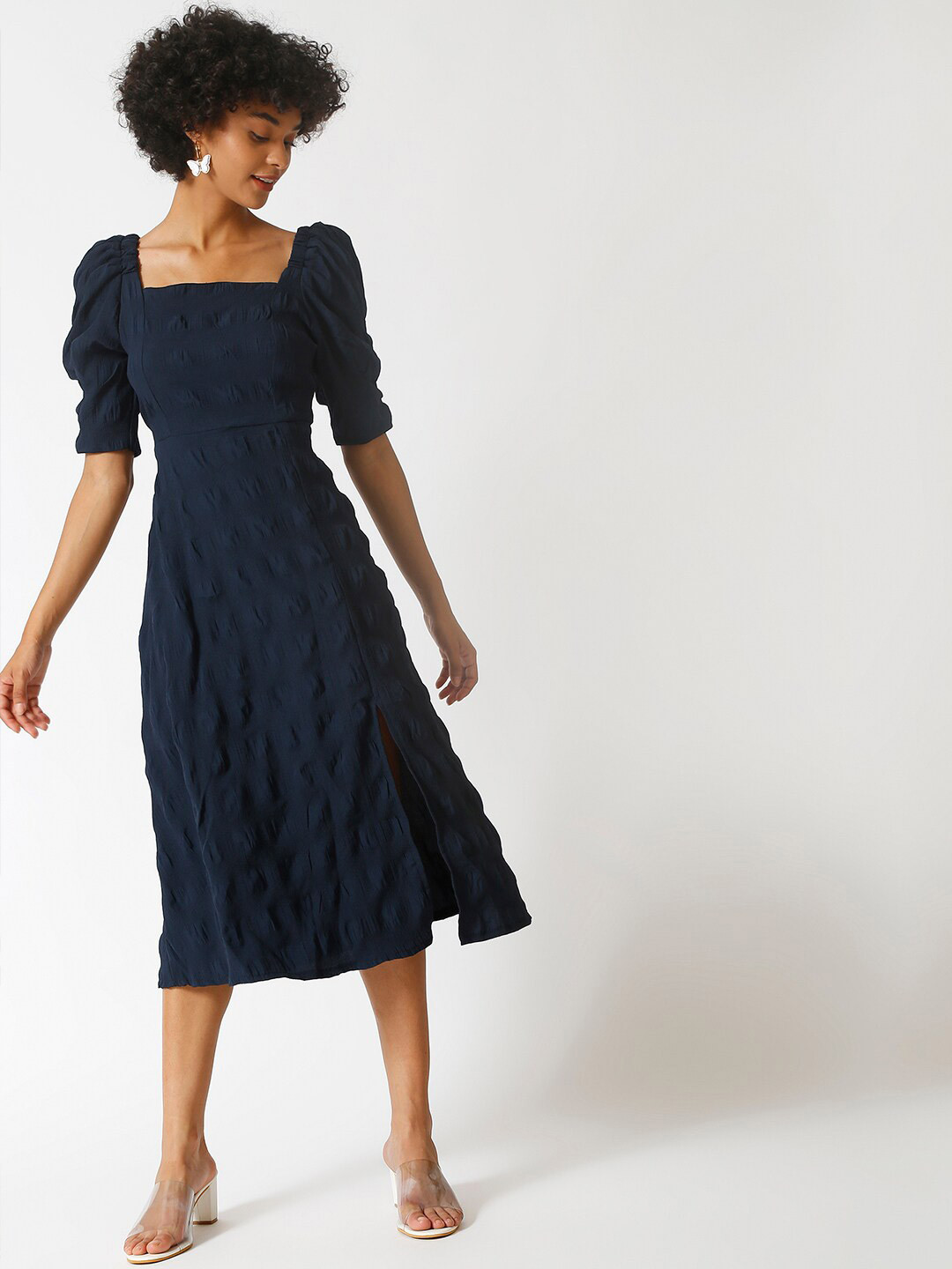 Campus Sutra Navy Blue Crepe Midi Dress