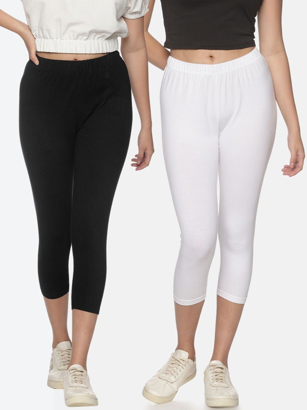NOT YET by us Women Black & White Pack of 2 Solid Capris