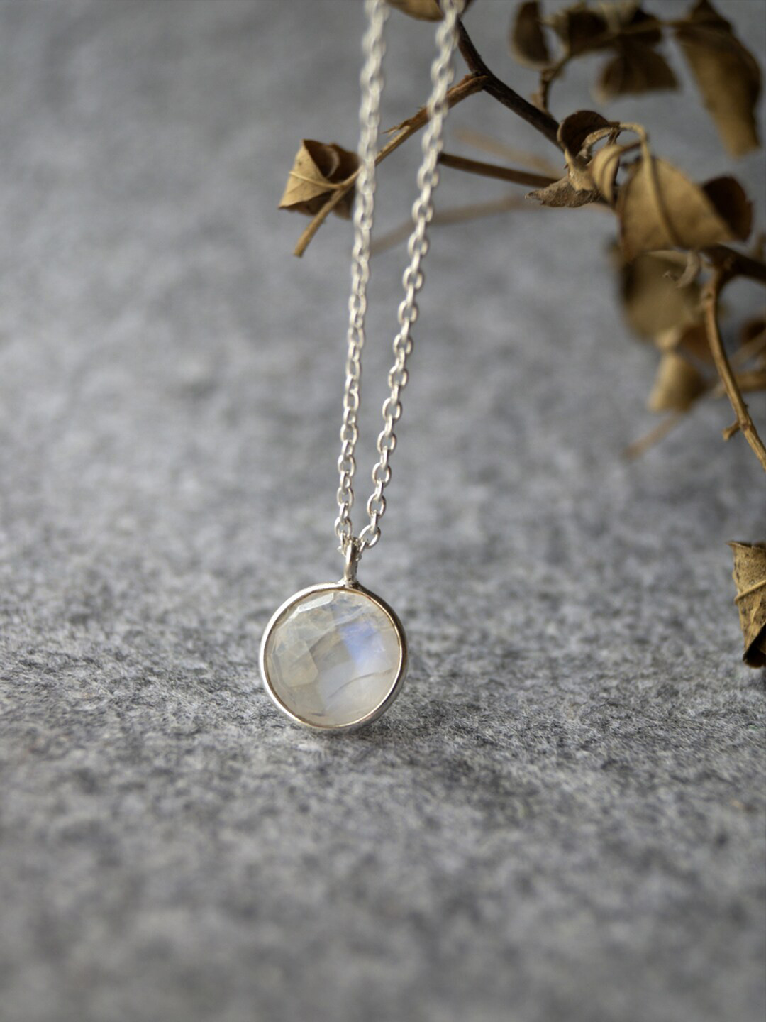 MANNASH Silver-Toned & White Rainbow Moon Stone Coin 925 Sterling Silver Pendant Necklace