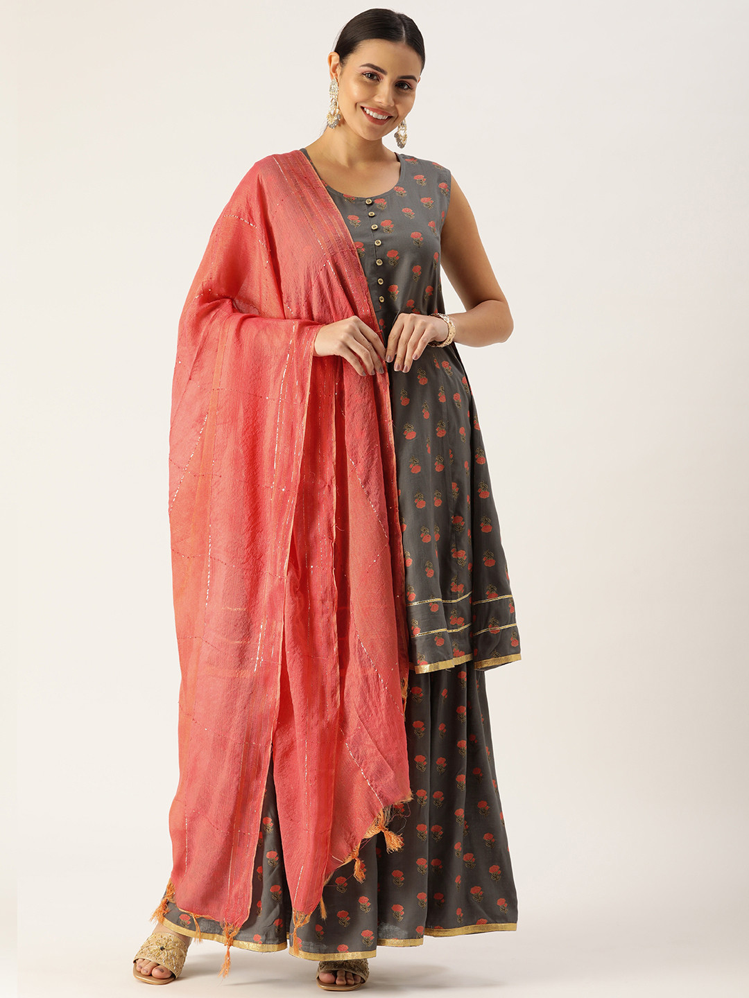DAAMINA Women Grey Ethnic Motifs Printed Gotta Patti Kurta with Sharara & Dupatta