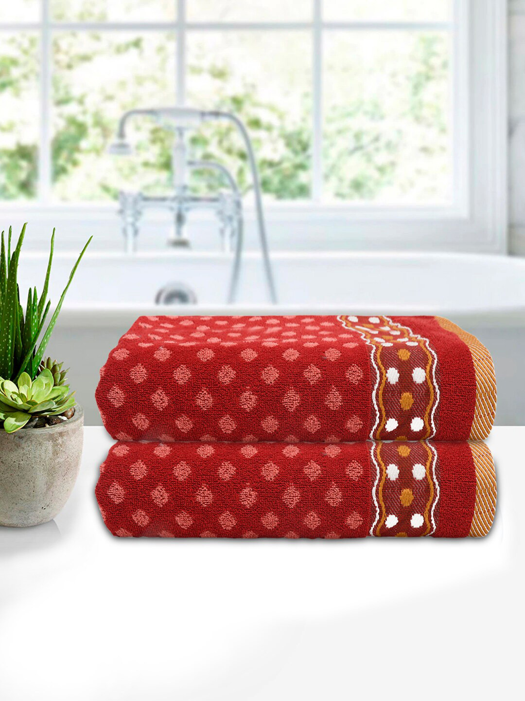 Kuber Industries Set of 2 Red Printed Cotton Bath Towels