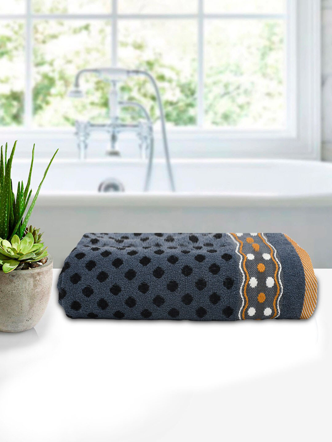 Kuber Industries Blue & Black Dot Printed 300 GSM Cotton Bath Towels