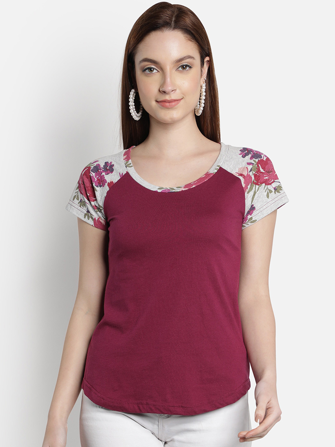 BStories Women Magenta Printed Pure Cotton Lounge Tshirts