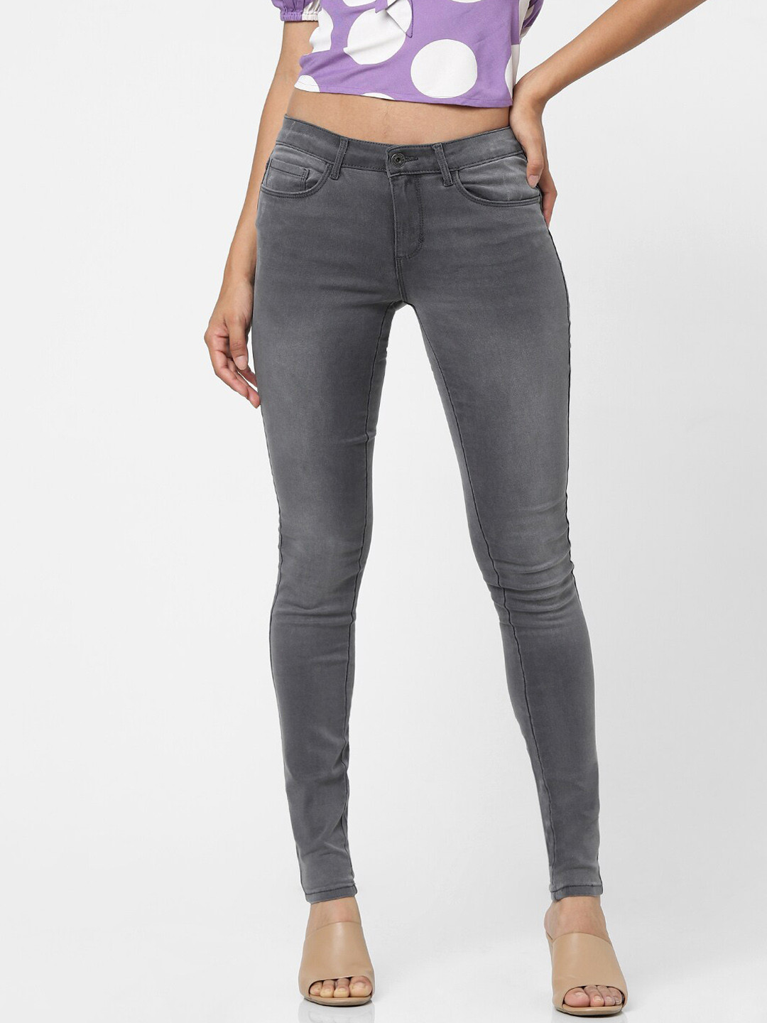 ONLY Women Grey Skinny Fit High-Rise Light Fade Jeans