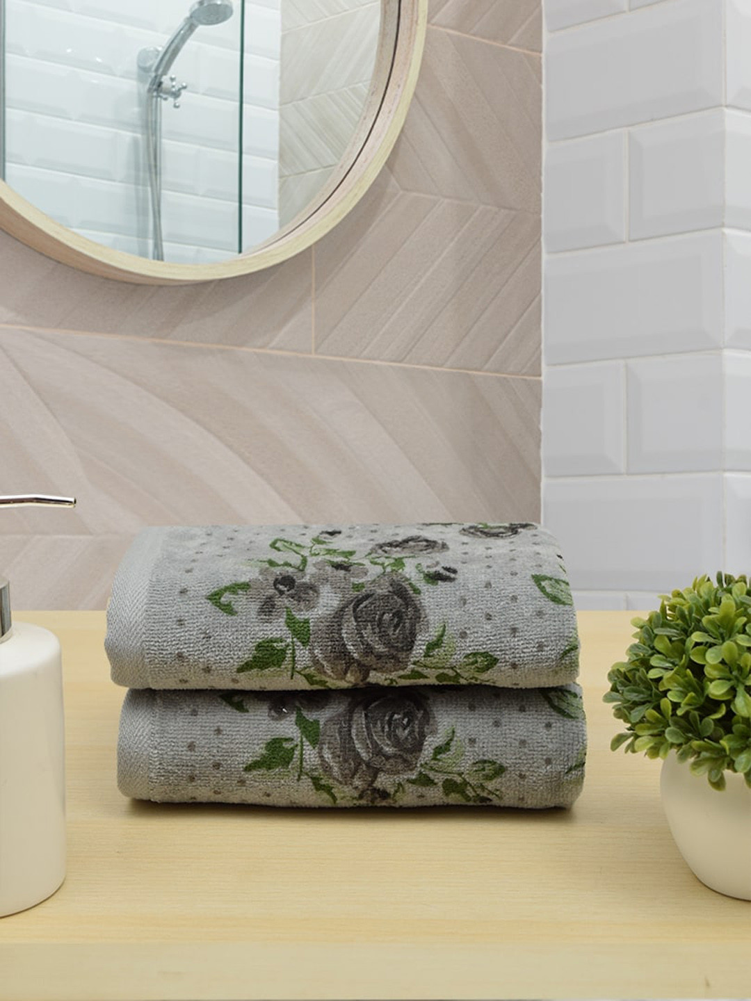 RANGOLI Pack of 2 Grey Printed 450 GSM Cotton Hand Towels