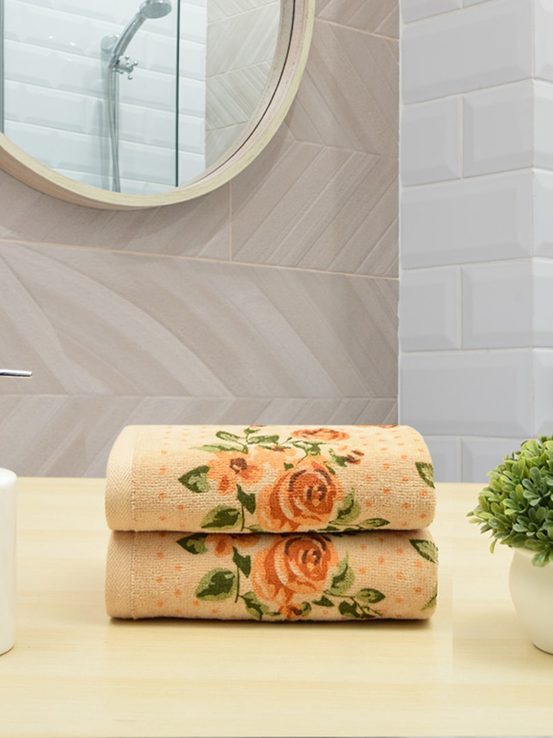 RANGOLI Set Of 2 Beige Floral Printed Cotton 450 GSM Hand Towels