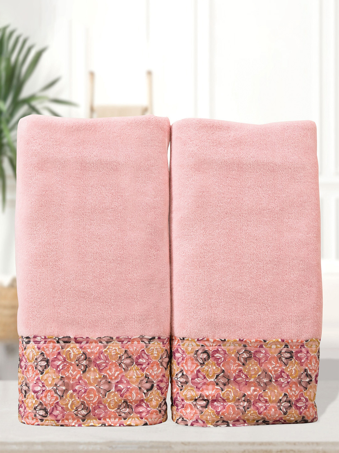 RANGOLI  Set Of 2 Pink Solid Pure Cotton 450 GSM Bath Towel
