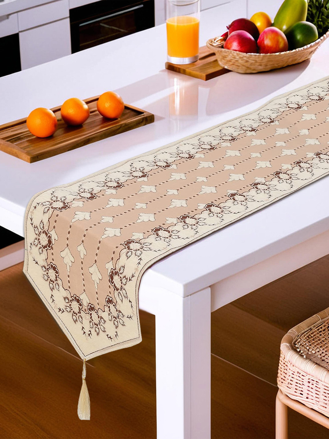 Kuber Industries Cream Floral Printed Velvet Dining Table Runners