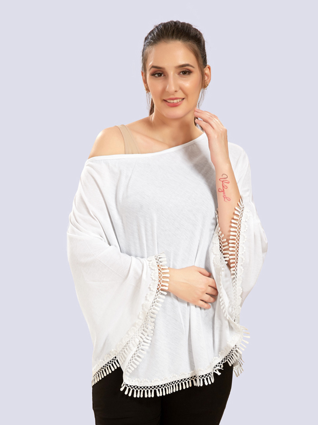 Mom For Sure by Ketki Dalal Women White Extended Sleeves Fringed Cape Top