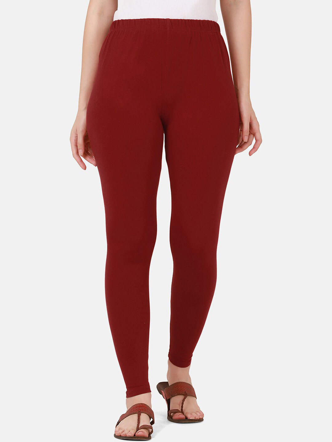 BUY NEW TREND Women Maroon Solid Cotton Ankle-Length Leggings