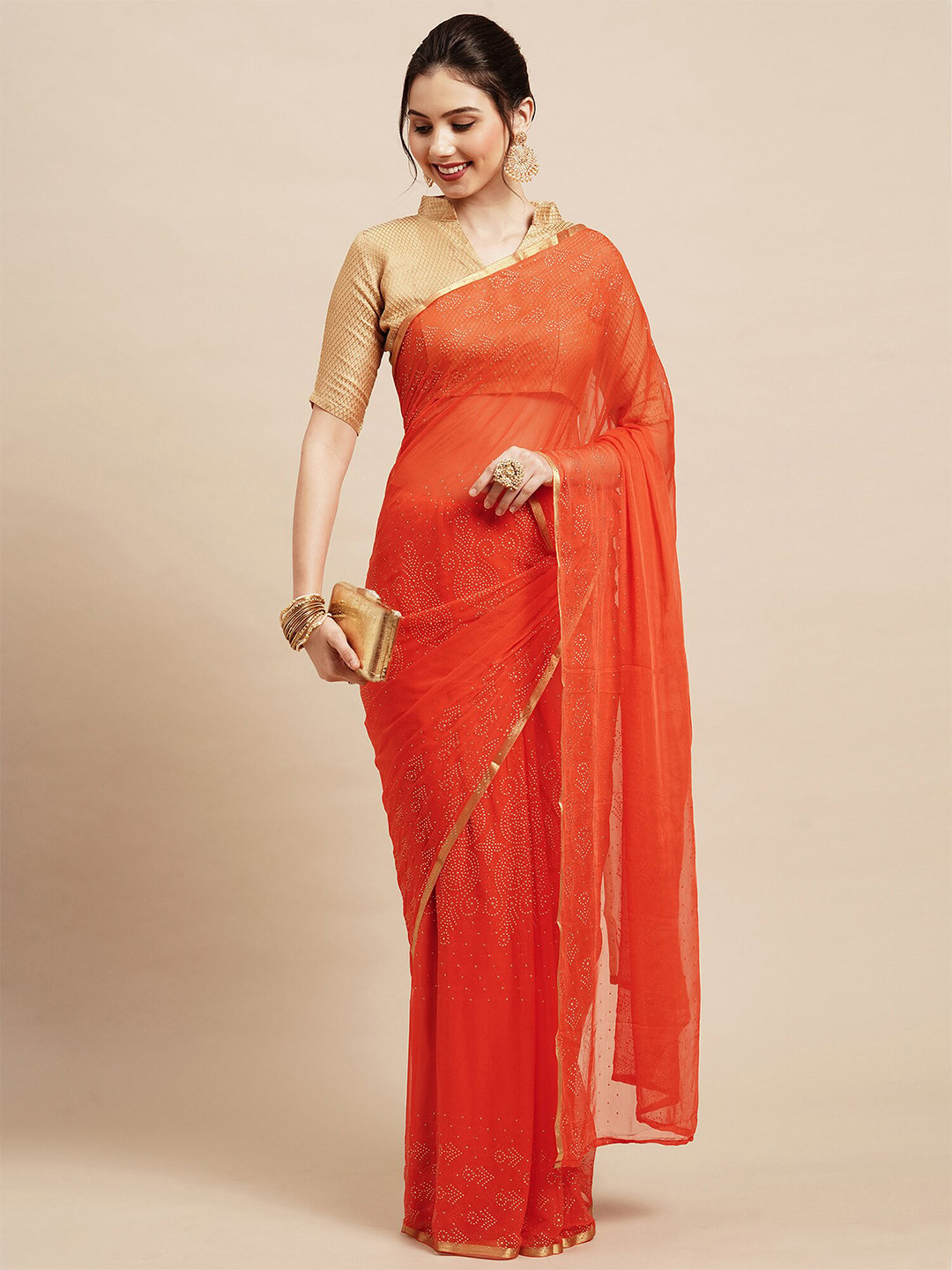 Saree mall Orange & Gold-Toned Embellished Beads and Stones Saree
