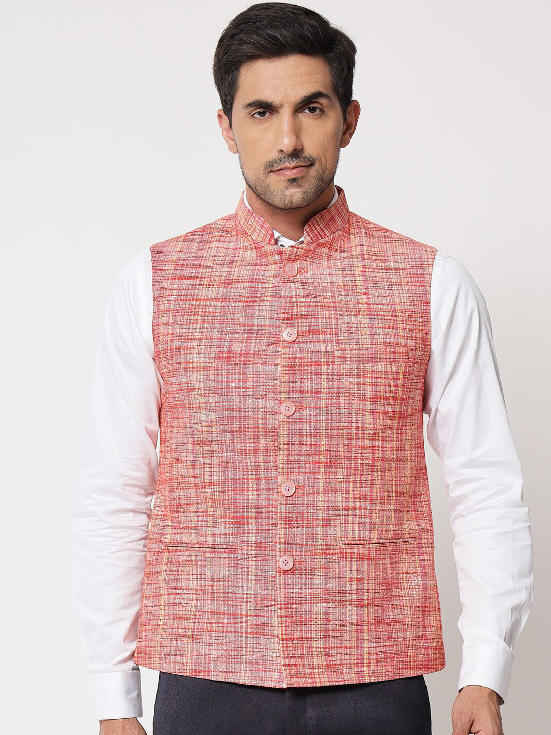 Vastraa Fusion Men Red Checkered Woven-Design Nehru Jacket