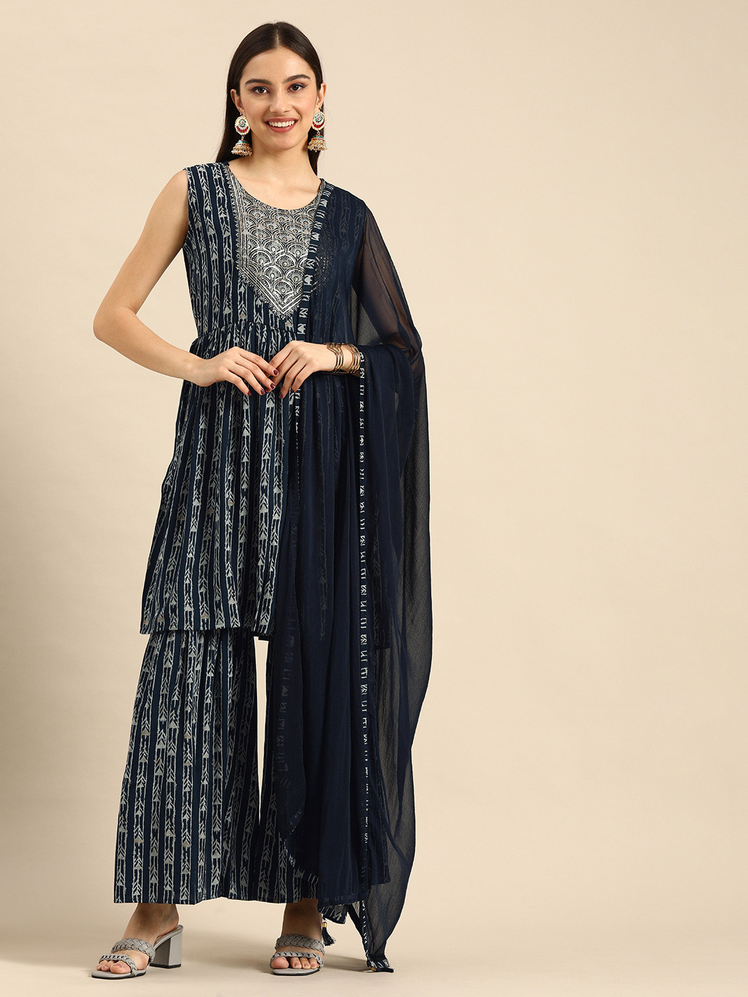 Anouk Women Navy Blue Ethnic Motifs Printed Sequinned Kurta with Sharara & Dupatta