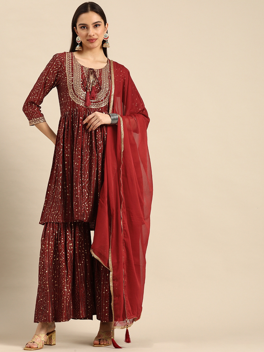 Anouk Women Maroon Ethnic Motifs Printed Embroidered Detail Kurta With Sharara & Dupatta - Kurta Sets for Women 18623392 | Myntra